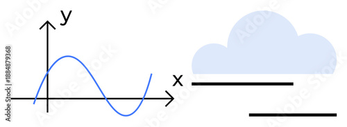 Sine wave graph on x-y axis next to blue cloud symbolizes data flow, statistics, technology, weather modeling, analytics, connectivity, and education. Ideal for science or math-themed simple flat