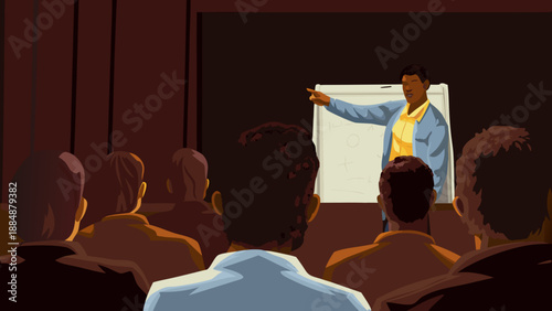 Cartoon of a manager or leader pointing out ideas on a whiteboard, team attentively watching in the background, concept of leadership.
