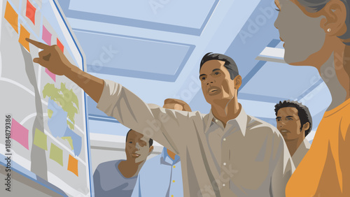 Cartoon of a manager or leader pointing out ideas on a whiteboard, team attentively watching in the background, concept of leadership.