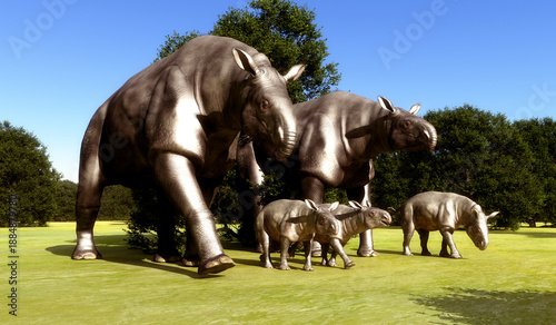 Paraceratherium Animals with Young - Paraceratherium was an Indricotherium herbivore that lived in Eurasia during the Eocene Period.