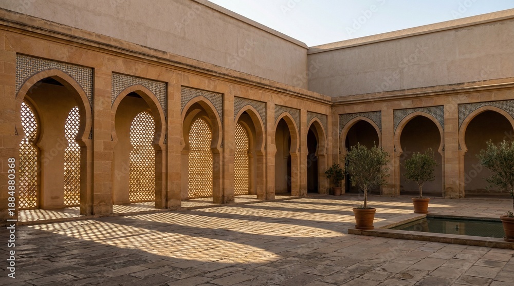 Fototapeta premium Islamic Architectural Courtyard with Repeating Arches and Geometric Shadows