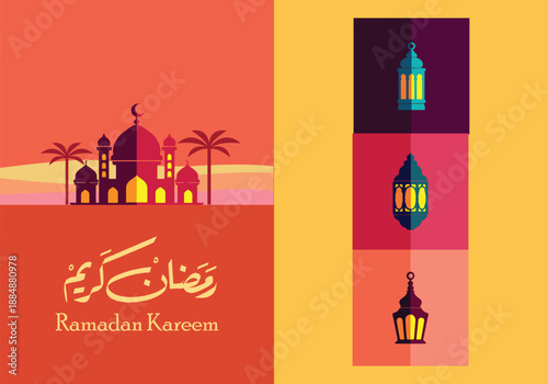 Ramadan Kareem greetings in Muslim language with very cool and artistic Muslim icons. Abstract vector illustration.