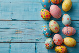 traditional colorful vintage easter eggs over blue wooden floor on easter celebration.	