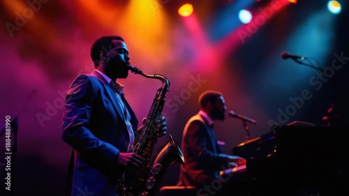 Musicians performing with saxophone and piano on vibrant stage