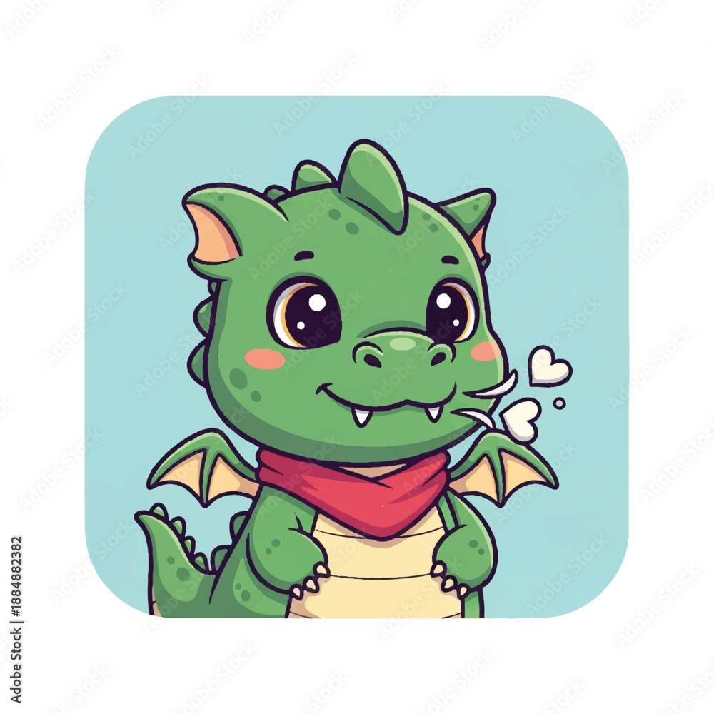 Fototapeta premium Cartoon Green Dragon with Red Scarf.