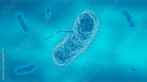 Escherichia coli bacteria with flagella and detailed cell structure in a blue microscopic environment