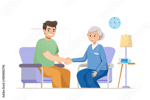 A young male nurse holding the hand of an elderly woman in a comfortable nursing home setting. They are both smiling. High-quality photography, warm atmosphere, focus on hands and expressions.