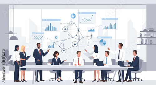 Diverse team of professionals collaborating around a conference table, analyzing data visualizations projected on a large screen.