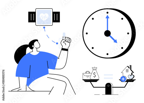 Health monitoring. Demonstrates wearable devices tracking health, effective time management practices, and balancing financial planning goals. For health tech, time management, finance, wellness