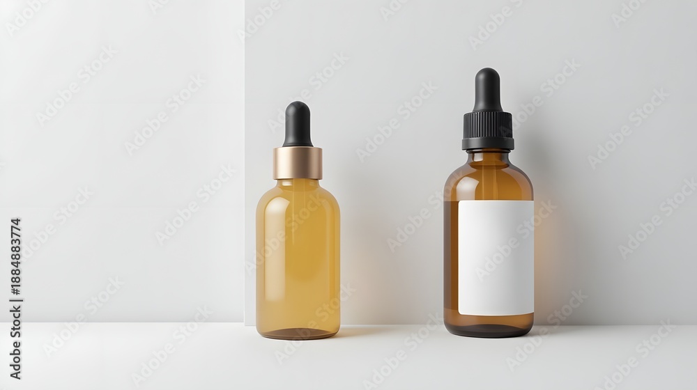 Naklejka premium Two amber glass dropper bottles on a white surface against a clean white background