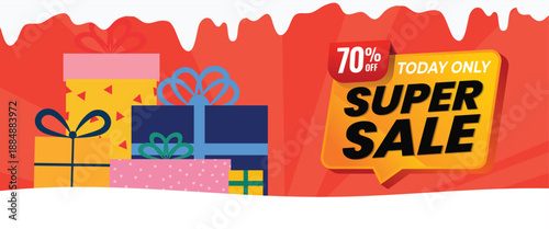 Super sale banner in red theme , discount code, gifts. Perfect for ecommerce promotions and campaign ads.