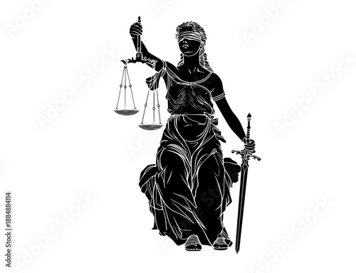 Silhouette of Lady Justice Themis Sitting with Scales and Sword

