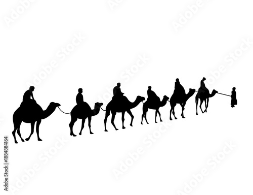Silhouette of a Camel Caravan Group Traveling Through the Desert Sands
