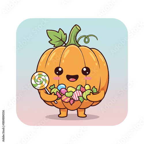 Cute Cartoon Pumpkin Character with Candy.