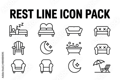 A collection of simple line icons depicting various rest and relaxation concepts