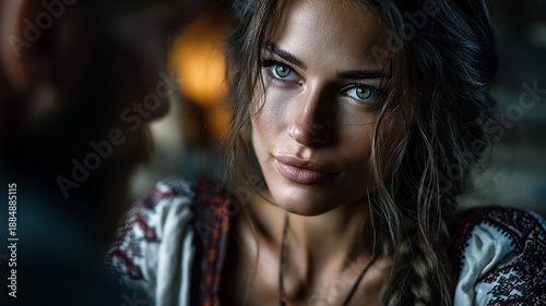 A beautiful girl with blue eyes wearing traditional Ukrainian embroidered clothing