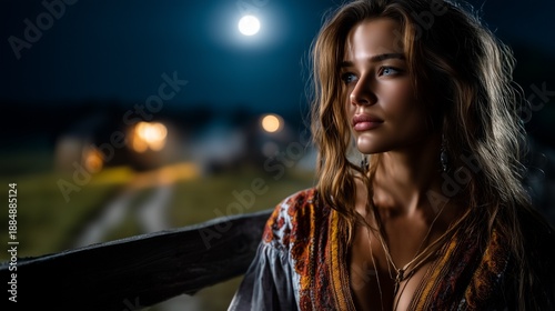 Beautiful woman in traditional Ukrainian embroidered dress standing under the full moon