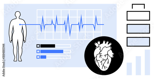 Health monitoring. Health by a human body, heartbeat, and data metrics. Health with digital analytics and tracking. For telemedicine, wearable devices, data analysis, healthcare apps fitness tech