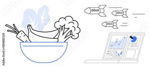 Digital security, network protection, online safety, healthy habits, nutrition, data analytics. Bowl of vegetables and fruits, computer screen with graphs DDoS attack illustration. Digital security