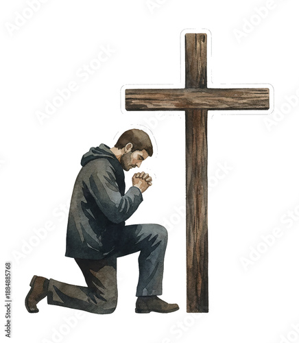 Man Kneeling in Prayer Beside a Wooden Cross with a Solemn and Spiritual Expression Watercolor Illustration