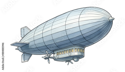 Detailed vintage blimp airship with gondola and propellers isolated on a white background illustration