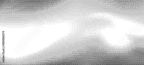 Grey pixel matrix abstraction disappearing on white background. Digital particle dissolution effect. Modern geometric texture, technology data concept.