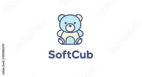 SoftCub blue teddy bear cartoon illustration.