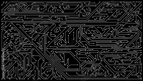 Electronic circuit board background with intricate white lines and dots on a black surface for technology and digital design concept.