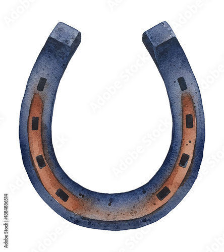 Rustic blue and brown horseshoe watercolor illustration on white background depicting good luck charm