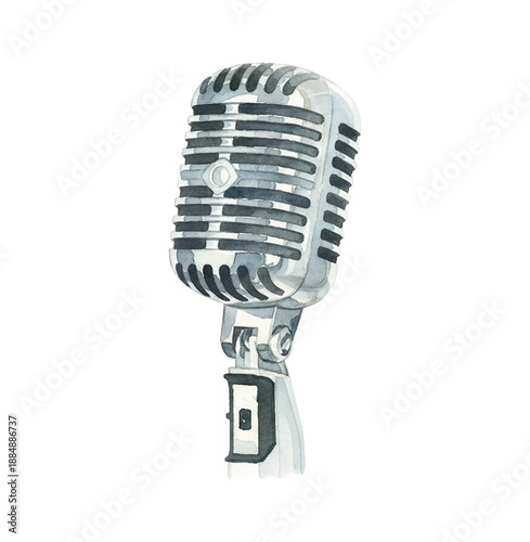 Classic Silver Vintage Microphone Isolated on White Background Detailed Watercolor Illustration