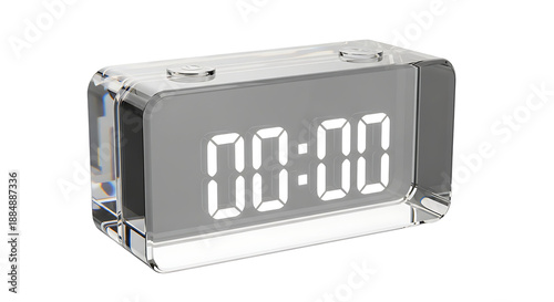 A modern clear digital alarm clock displays 00:00 on a black background.