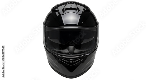 A shiny black full-face motorcycle helmet against a dark background.
