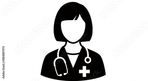 Female healthcare professional icon with stethoscope and medical cross symbol.