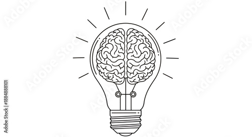 Creative concept illustration of a brain inside a glowing light bulb symbolizing ideas and intelligence.