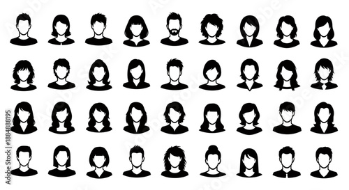 Collection of diverse female avatar silhouettes with various hairstyles and accessories.