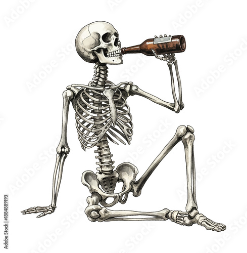 Skeleton sitting cheerfully drinking beer from a bottle with a smiling skull in a detailed illustration