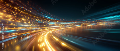 Blue and Gold Data Highway – High-Speed Digital Light Trails With Large Copy Space for Tech Banners