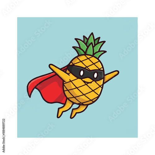 Cartoon Pineapple Superhero Flying with Cape.