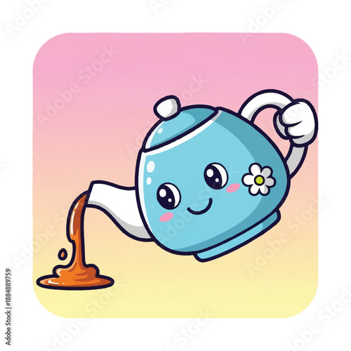 Cartoon Teapot Pouring Liquid with Smiling Face.