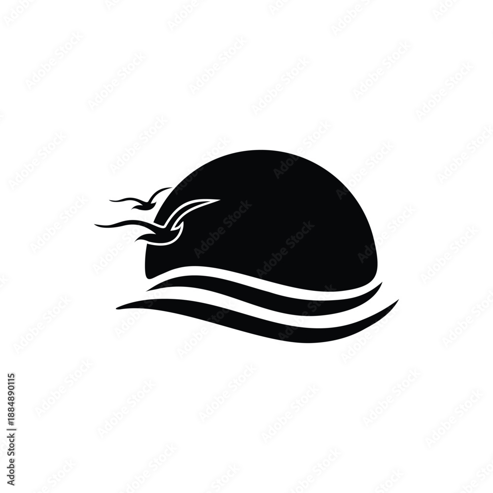 Fototapeta premium Black Sunset Ocean Logo with Birds and Waves