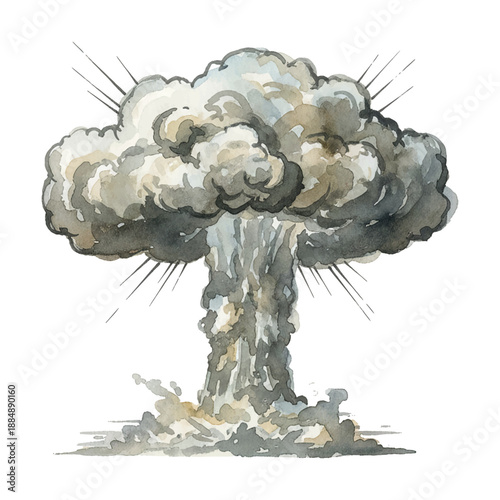 Powerful Mushroom Cloud Explosion Watercolor Art Style Depicting a Large Destructive Blast with Smoke and Energy Lines