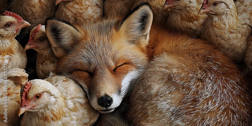 Obraz premium Peace Among Feathers: The Fox’s Truce, ai generated.