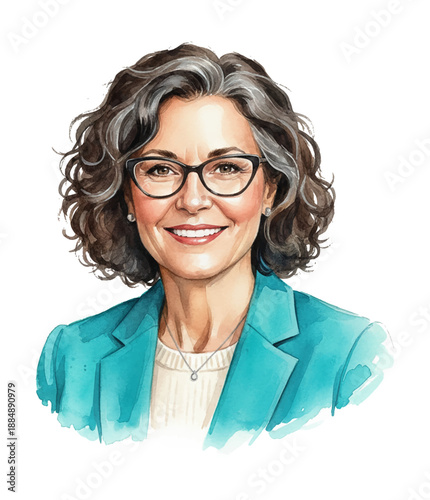 Mature Caucasian woman with glasses smiling happily in a watercolor illustration professional and confident