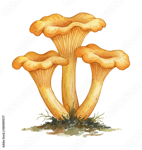 Three vibrant chanterelle mushrooms growing from dark soil watercolor painting on white background