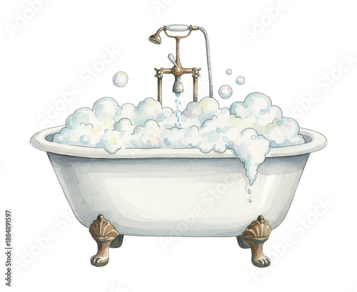 Vintage Clawfoot Bathtub Filled with Bubbles and Running Water Isolated on White Background Watercolor Illustration