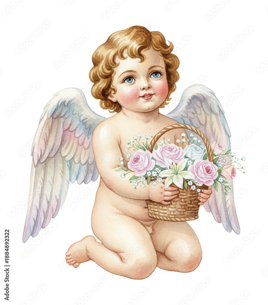 Fototapeta premium Cute cherub angel baby with curly hair holding a flower basket with roses and lilies kneeling happily