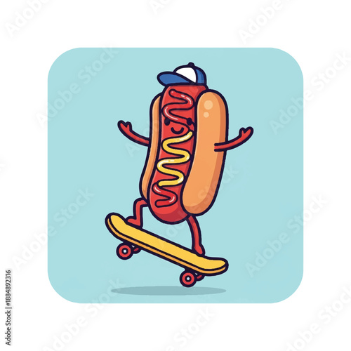 Cartoon Hotdog Character on Skateboard.