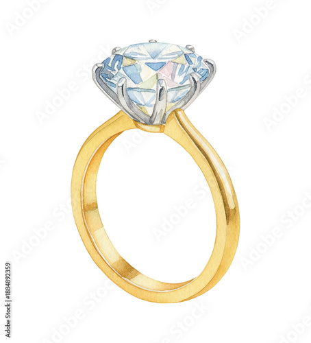 A beautiful watercolor illustration of a sparkling diamond ring with a gold band and brilliant gemstone