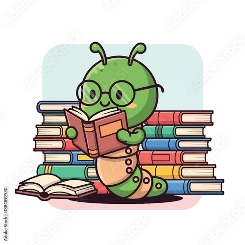 Green Caterpillar Wearing Glasses Reading Books.