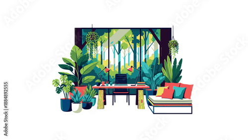 Modern home office with lush greenery and vibrant decor.